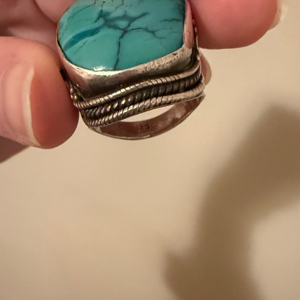 Large Turquoise Stone Ring Set in Detailed Sterling Silver Band - Picture 8 of 8